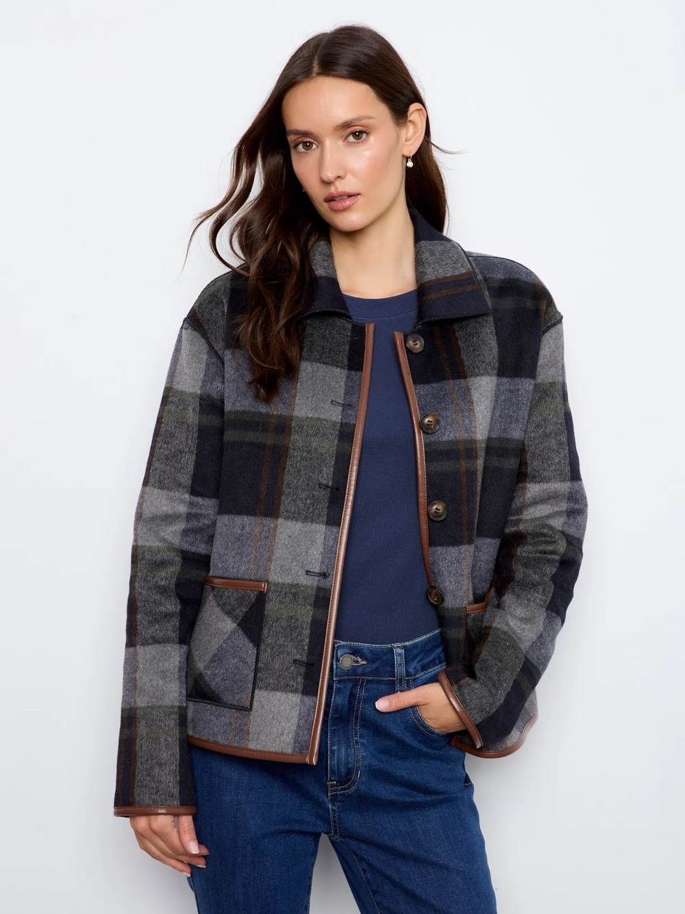 Reversible Plaid Jacket With Faux Leather Binding - Navy